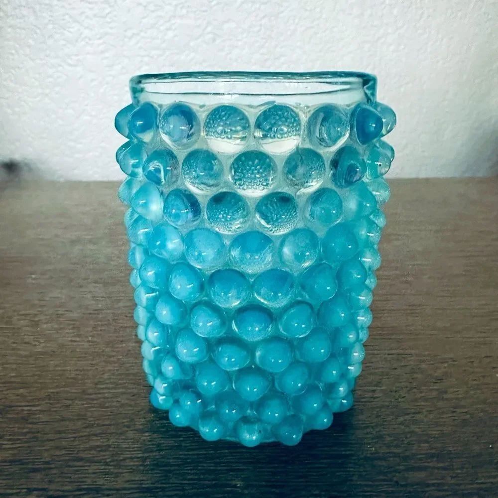 Vintage Hobnail Blue Glass Cup Jar Vase